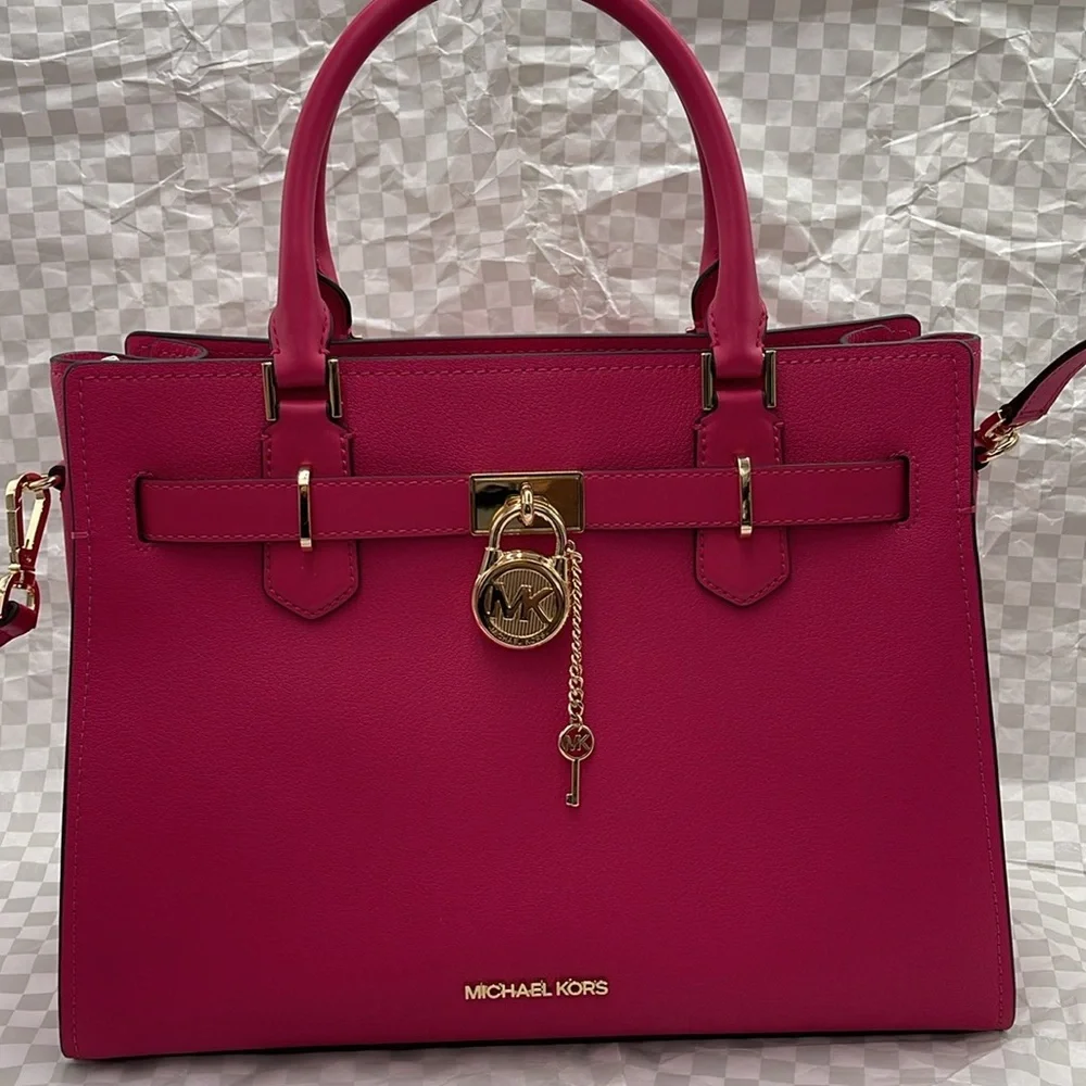 Michael Kors Hamilton Medium Leather Satchel Electric Pink NWT